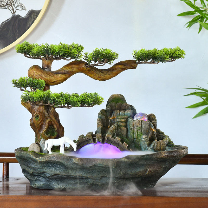 假山流水喷泉玄关办公室仿真迎客松山水盆景上水石循环水礼品