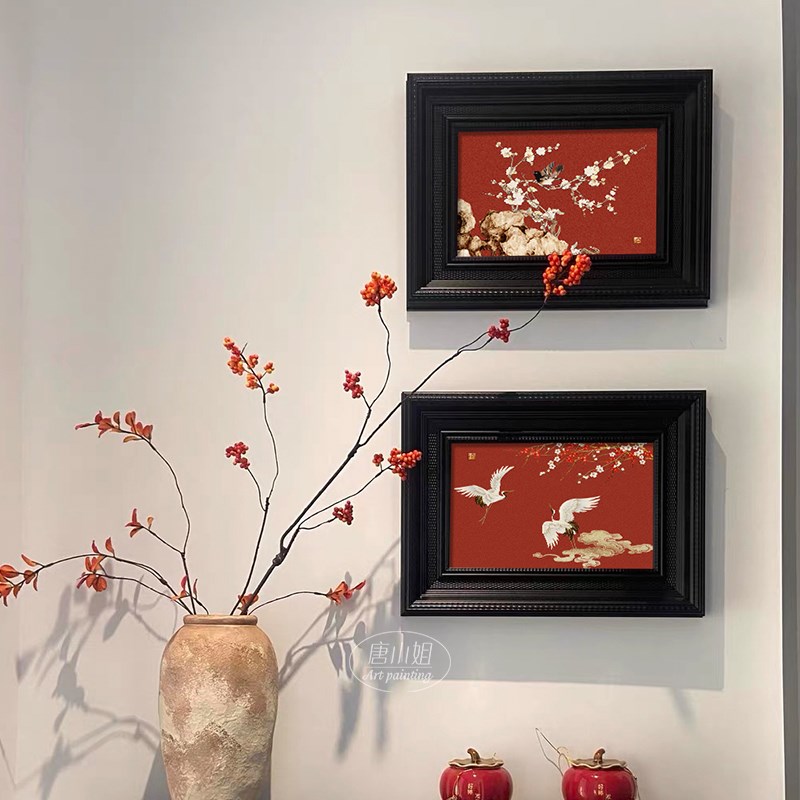 中古风级感客厅装饰画中喜庆红仙鹤卧室书房挂画玄关画