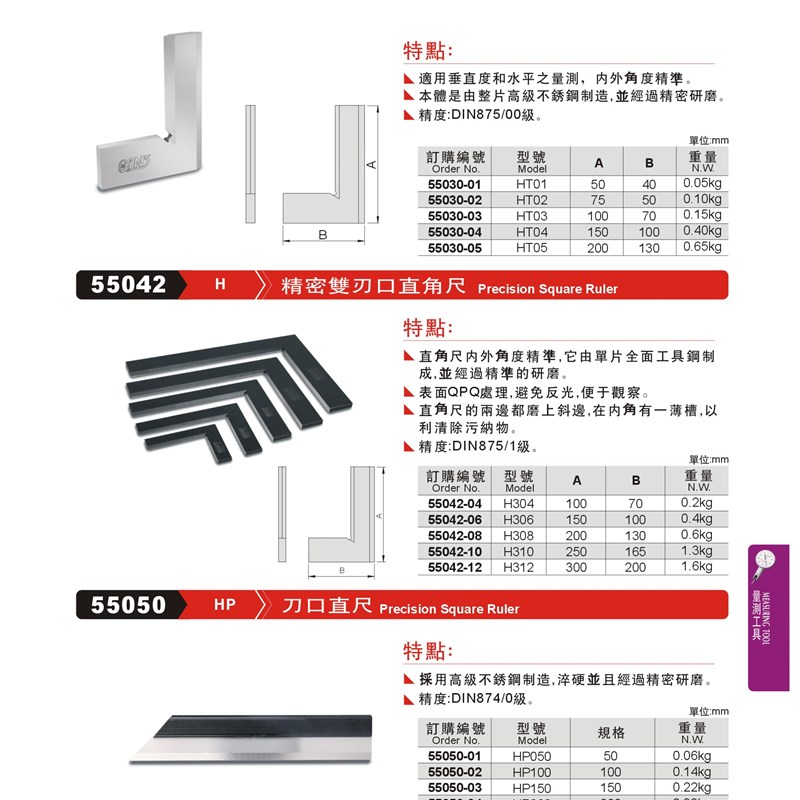 精密双刃口直角尺不锈钢55030HT01HT02HT03HT04HT05
