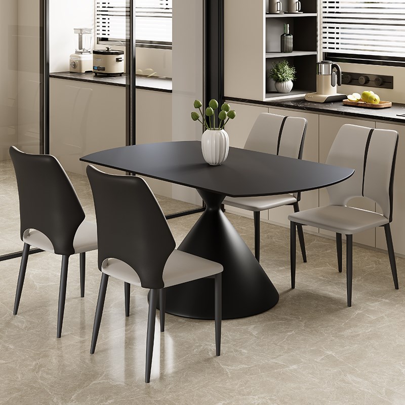 黑色岩板餐桌可变圆桌现代简约家用E小户型方圆两用旋转伸缩圆餐