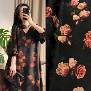 连衣裙布料 黑底透孔花罗提花红云纱真丝面料国风系列小衫 秋季 新品