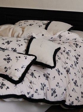 冬季加厚鎏金绒绣花四件套玫瑰压花保暖双面绒被套床上用品白紫色