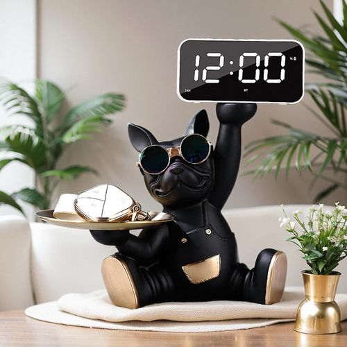 法斗犬狗狗钥匙收纳客厅卧室数字智能闹钟桌面钟表摆放电子钟摆件