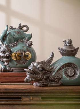 创意招财貔貅摆件陶瓷哥窑开片皮丘中式家居客厅玄关办公桌装饰品