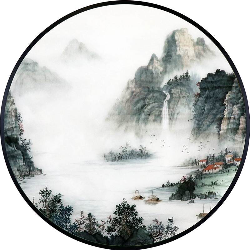 苏绣成品挂画客厅新中式玄关现代装饰画山水画真丝画圆形手工刺绣图片