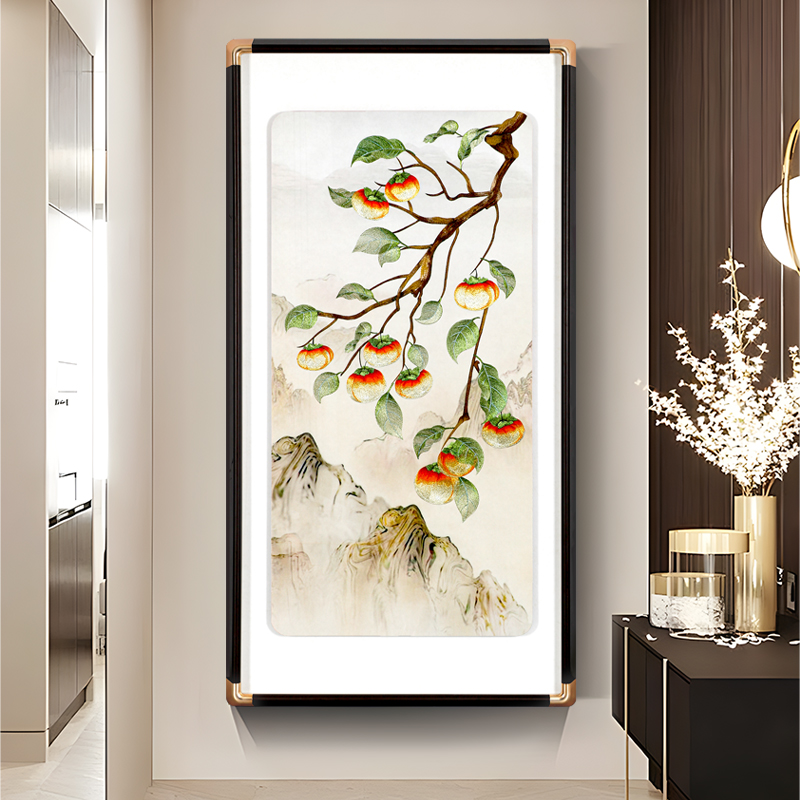 玄关画立体高端装饰画新款寓意好事事如意现代柿子手工刺绣织锦绣图片