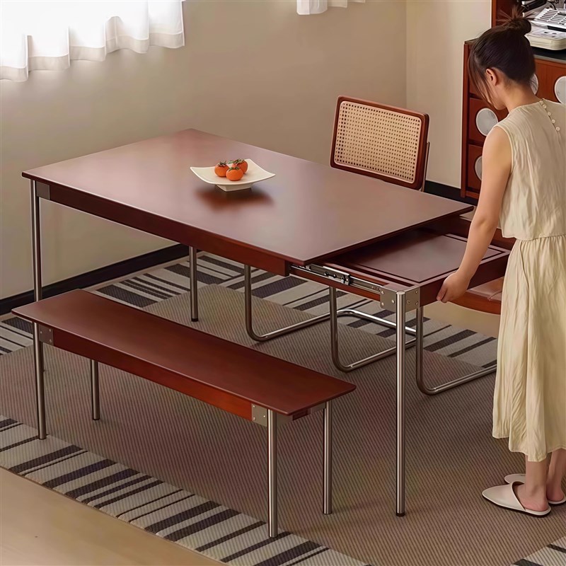 中古伸缩餐桌实木折叠吃饭不锈钢长方形家用小户型办公电脑书桌子