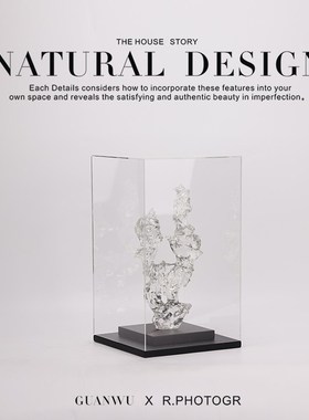 现代新中式红色植绒太湖石亚克力罩摆件展厅酒店大堂玄关隔断饰品