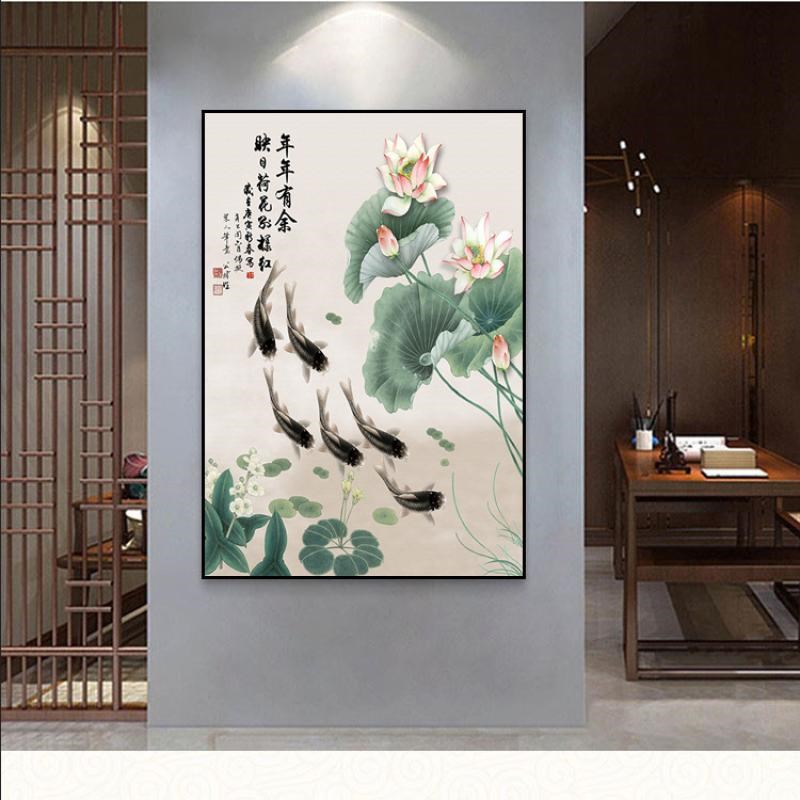 六鱼图挂画玄关过道走廊壁画客厅办公室竖挂画 年年有余墙壁画