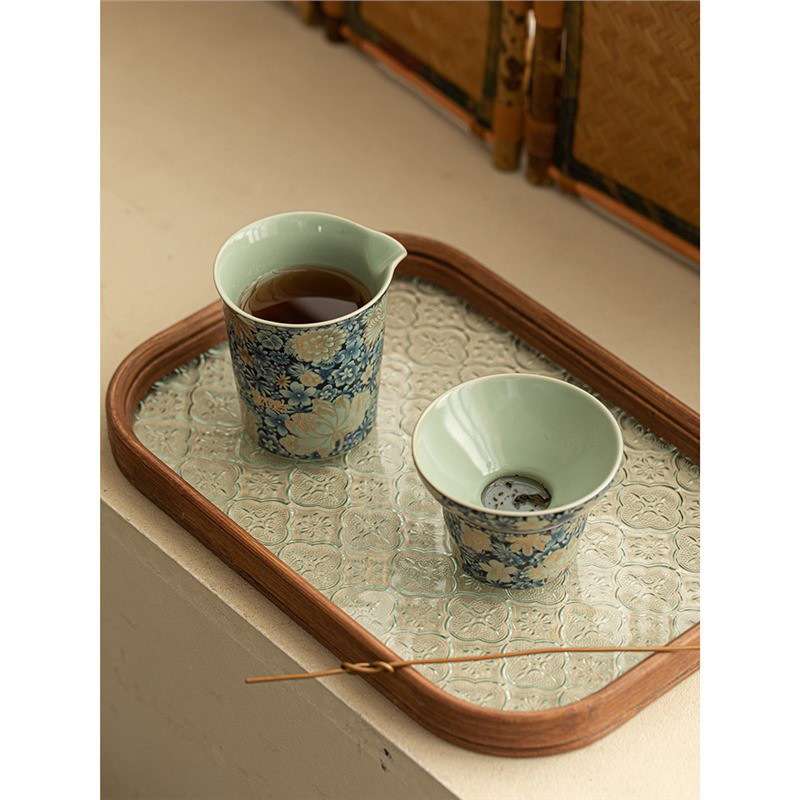 汝窑繁花公道杯三件套茶漏茶滤分茶器茶滤网一体陶瓷公杯茶具配件