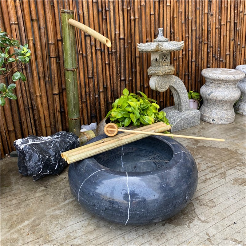 石钵流水户外庭院水景p造景惊鹿竹子流水摆件石槽日式水钵花园石
