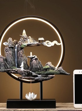 禅意中式假山摆件倒流香炉高山流水香J薰炉玄关办公.室檀香摆件