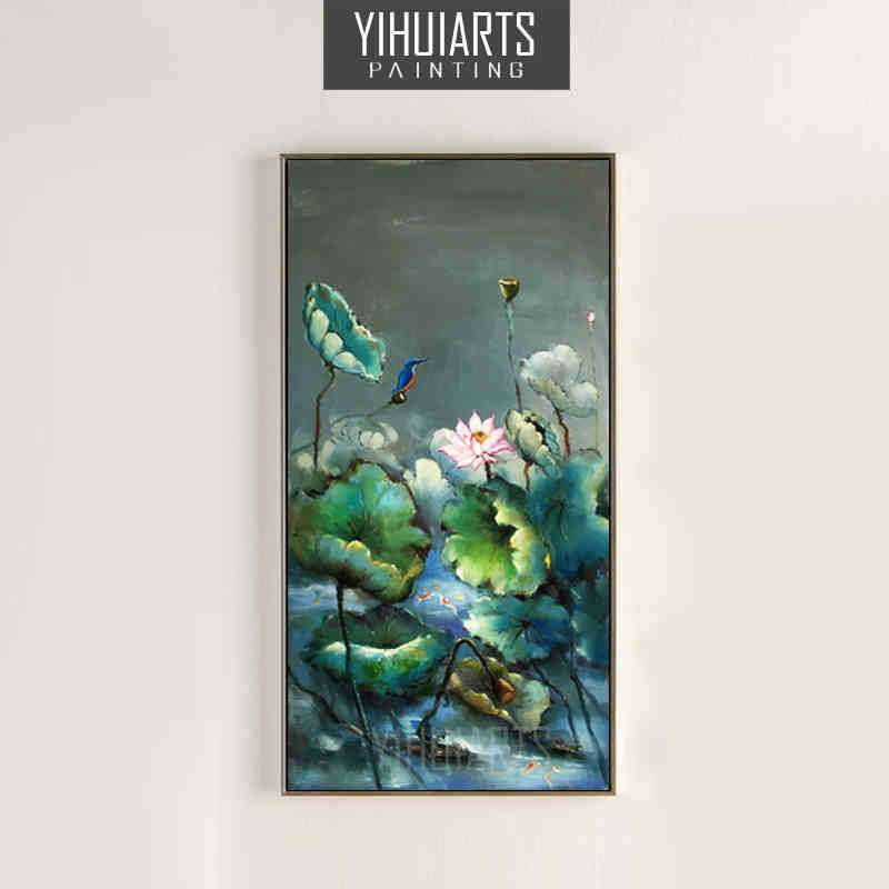 两联竖幅玄关走廊手绘花卉肌理无框中式家居装饰画夏日荷花挂画图片