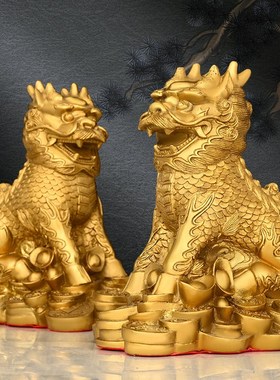 黄铜麒麟摆件一对l家居玄关客厅书房酒柜开业礼品收银台桌面摆放