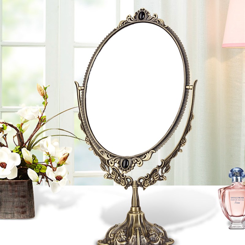欧式复古镜子化妆镜双面 t创意公主梳妆台台式梳妆镜金属大号高清