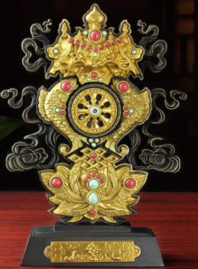 铜制组合八吉祥摆件双鹿金轮檀木底座家用玄关办公工艺品吉祥八宝