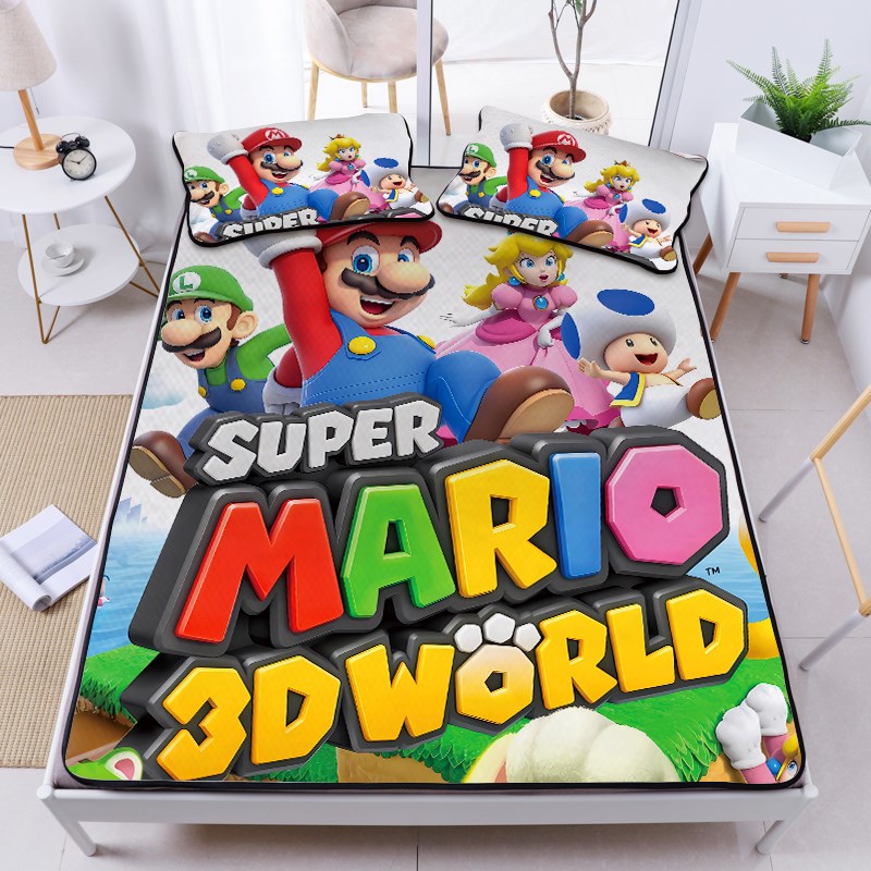 夏季儿童卡通马里奥冰丝席三件套1.5m男孩卧室单人凉席可折叠席子