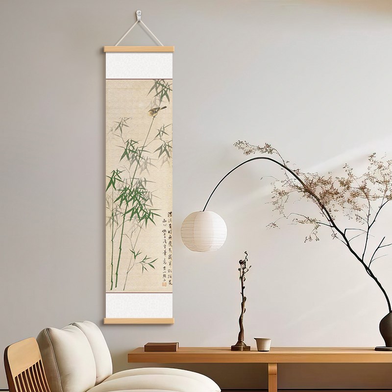 新中式国画翠竹花鸟墨竹卷轴字画竹报平安装饰画玄关书房茶室挂画