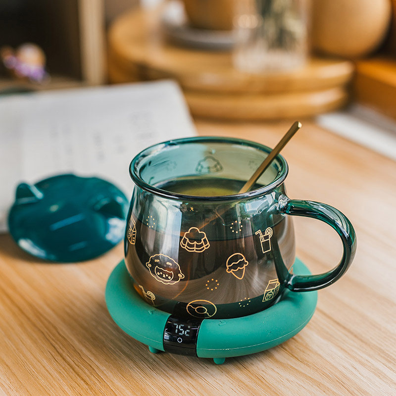墨绿色玻璃暖暖杯55度恒温杯垫家用加热牛奶水杯保温神器可控温