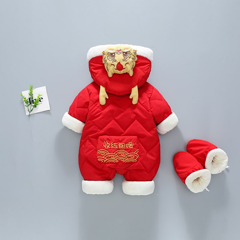 卡通超萌新年龙宝宝拜年服冬季加绒加厚男婴儿棉衣外出喜庆连体衣