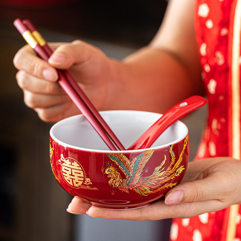 喜碗新人结婚碗筷套装一对红色面碗甜汤夫妻碗婚礼V物婚庆陪嫁用