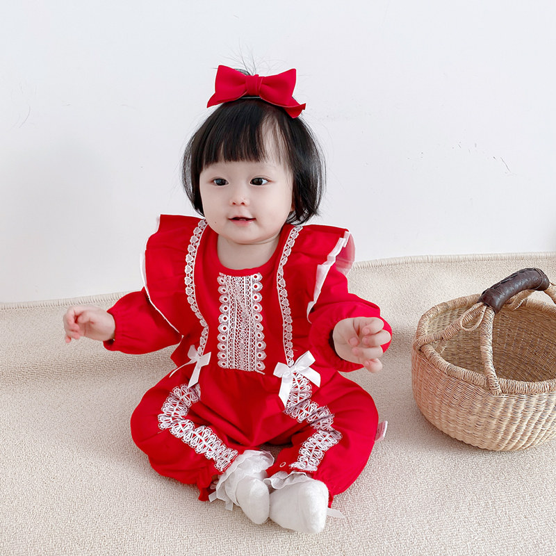 婴儿红色连体衣女宝宫廷风喜庆过年装H哈衣公主风满月百日宴爬爬