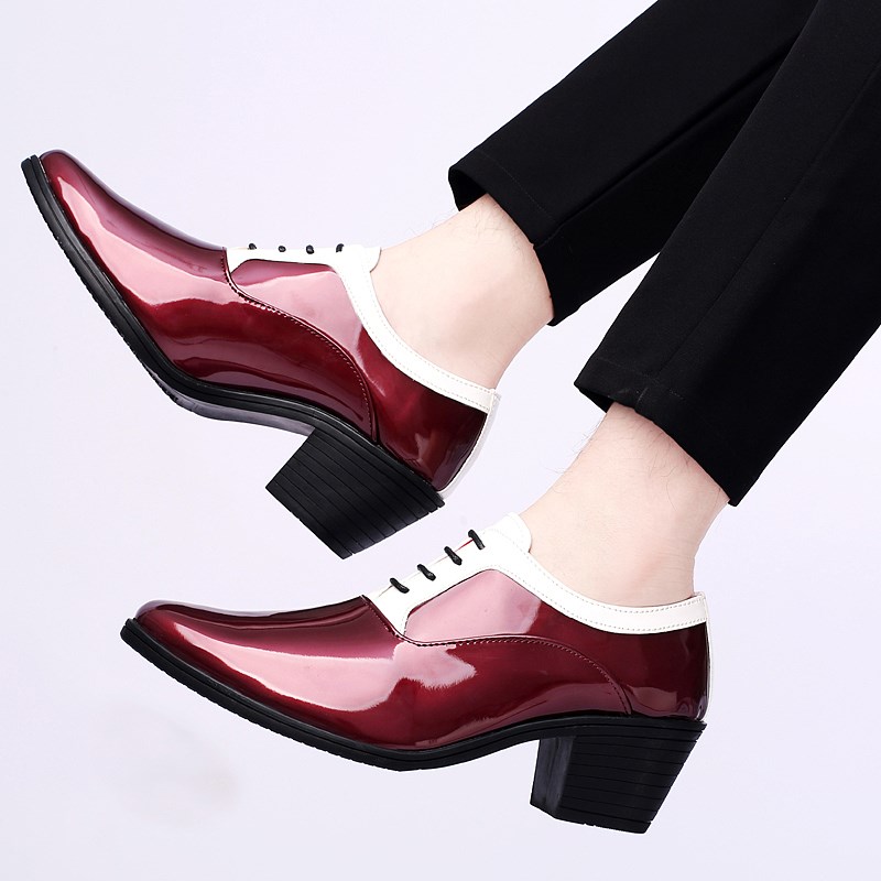 高跟皮鞋男结婚漆皮6CM高跟鞋影楼摄影美发师酒店夜店尖头增高鞋