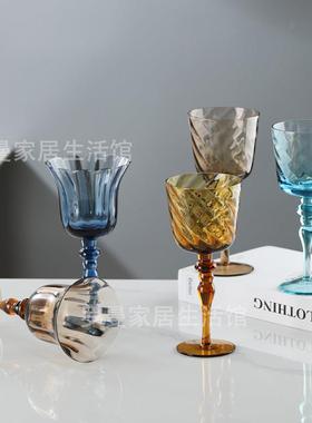 法式高脚杯彩色甜酒杯罗马柱葡萄酒杯水晶玻璃蓝色酒具酒柜装饰杯