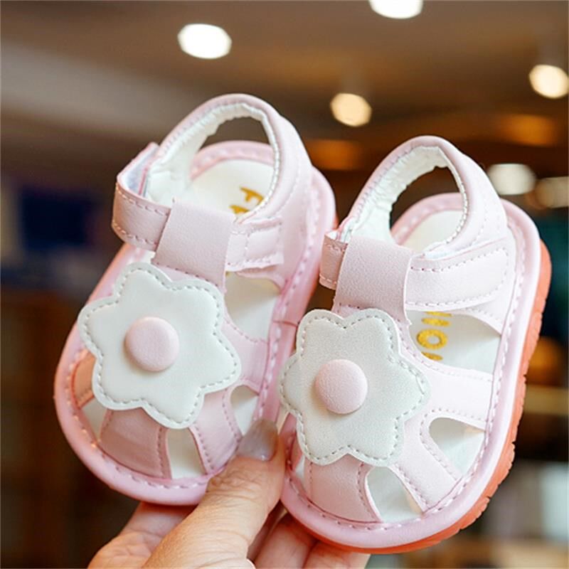夏季女宝宝学步鞋0-1-2岁婴儿软底凉鞋幼童包头防踢不掉叫叫鞋