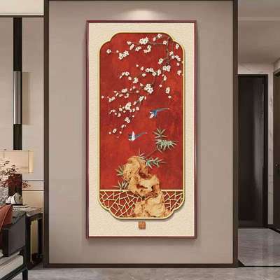 喜气盈门玄关装饰画新中式入户正对门挂画实木走廊过道国画壁画