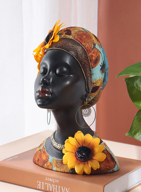 非洲人物装饰品创意客厅家居玄关酒柜摆件复古人类头像树脂工艺品