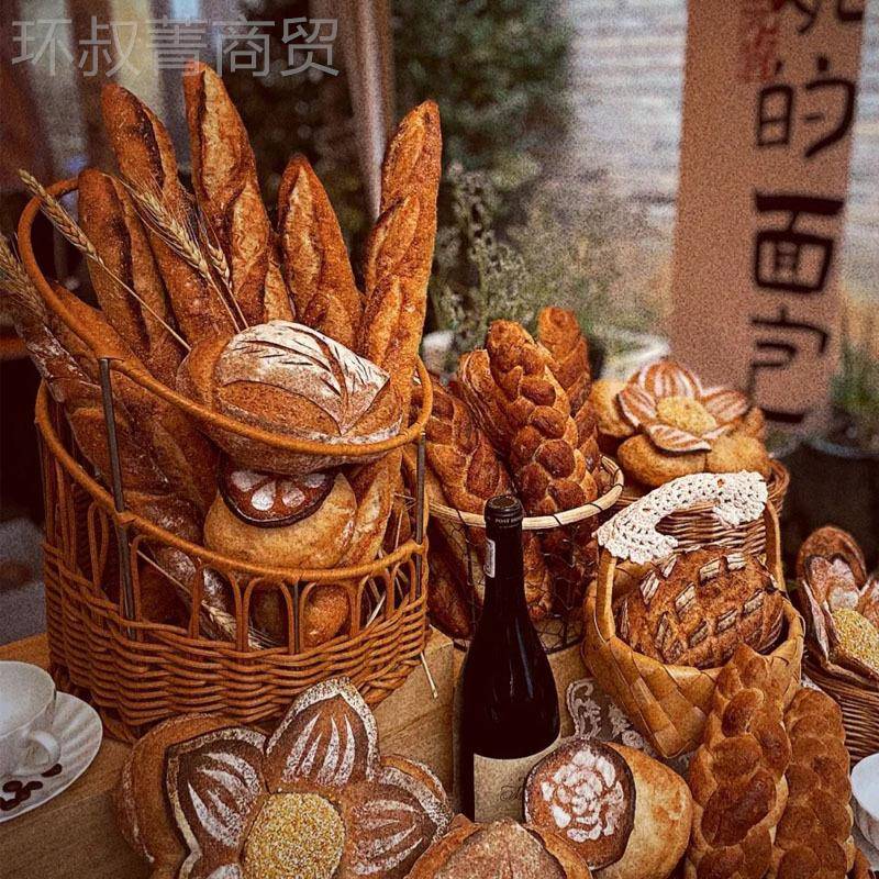 *藤编法棍篮法式面包篮面梯见详情子 面包店展示篮创意收篮纳形圆