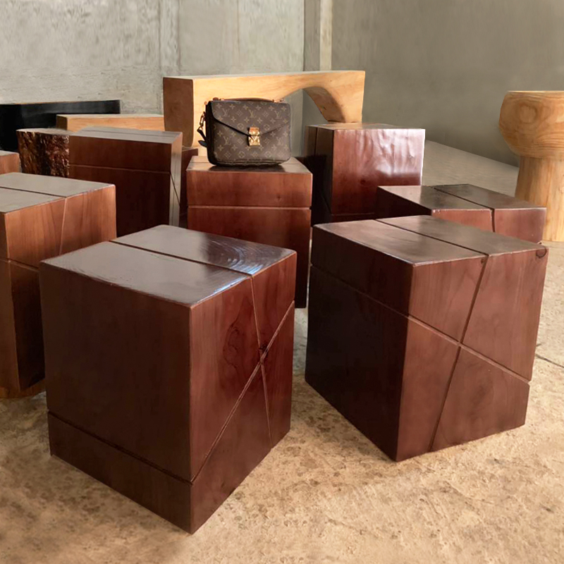 简约实木方形凳子原木墩子边几茶几底座树桩方墩床头柜换鞋凳摆件