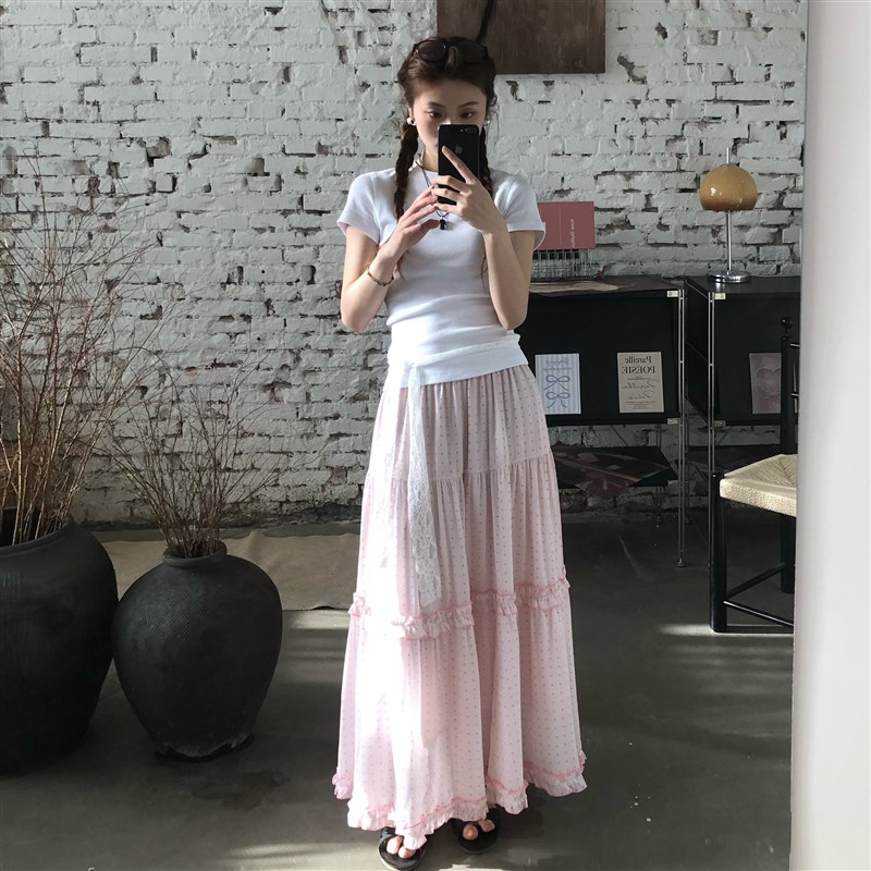 7arewdill韩版夏季甜美少女粉色波点少女感蛋糕松紧腰中长款裙