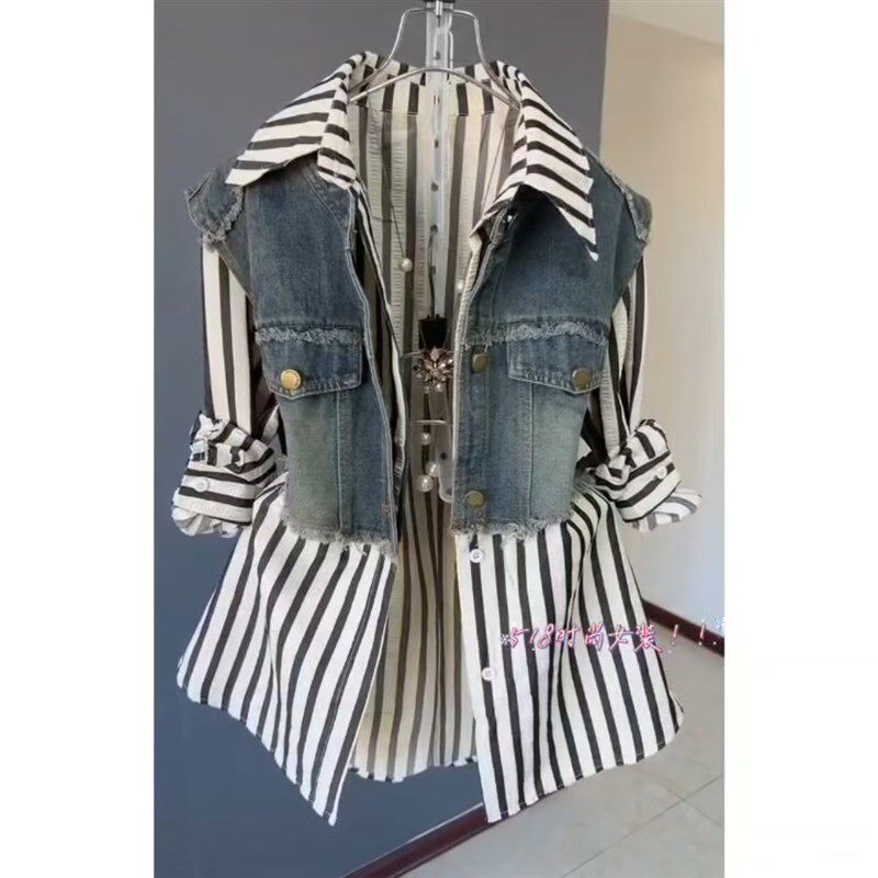 短款牛仔马甲+衬衫两件套202z5年新款洋气长袖条纹衬衫宽松分体套