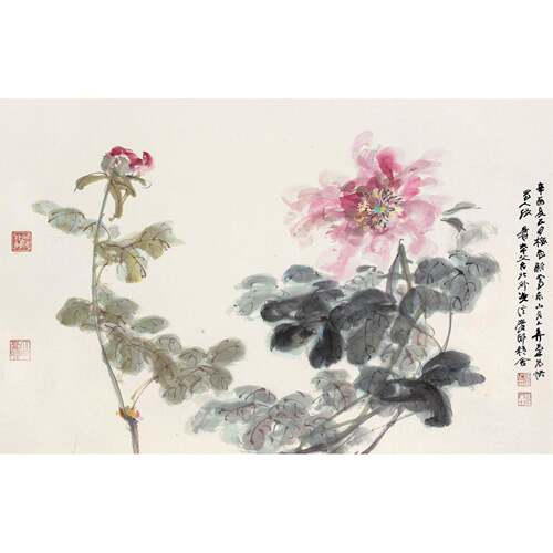 国挂画鸟画装饰画高清非花手绘现代客画厅DPA张大装千俏色牡丹图
