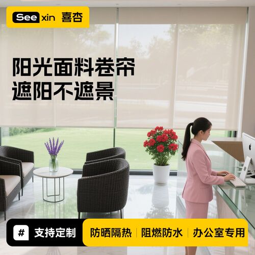 阳光面料卷帘防水遮光阻燃电动阳台办H公室免打孔遮阳透气升降窗