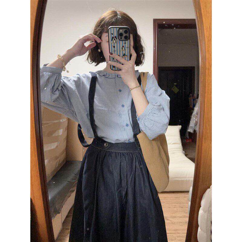 6iHAAgBf系文风花边领日衬衫背带牛仔裙叠穿两件艺一套装夏季新款