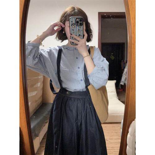 6iHAAgBf系文风花边领日衬衫背带牛仔裙叠穿两件艺一套装夏季新款