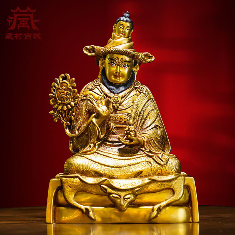 全鎏金《噶陀伏藏大师》精工铜雕花《J龙萨宁波尊者》铜像摆件