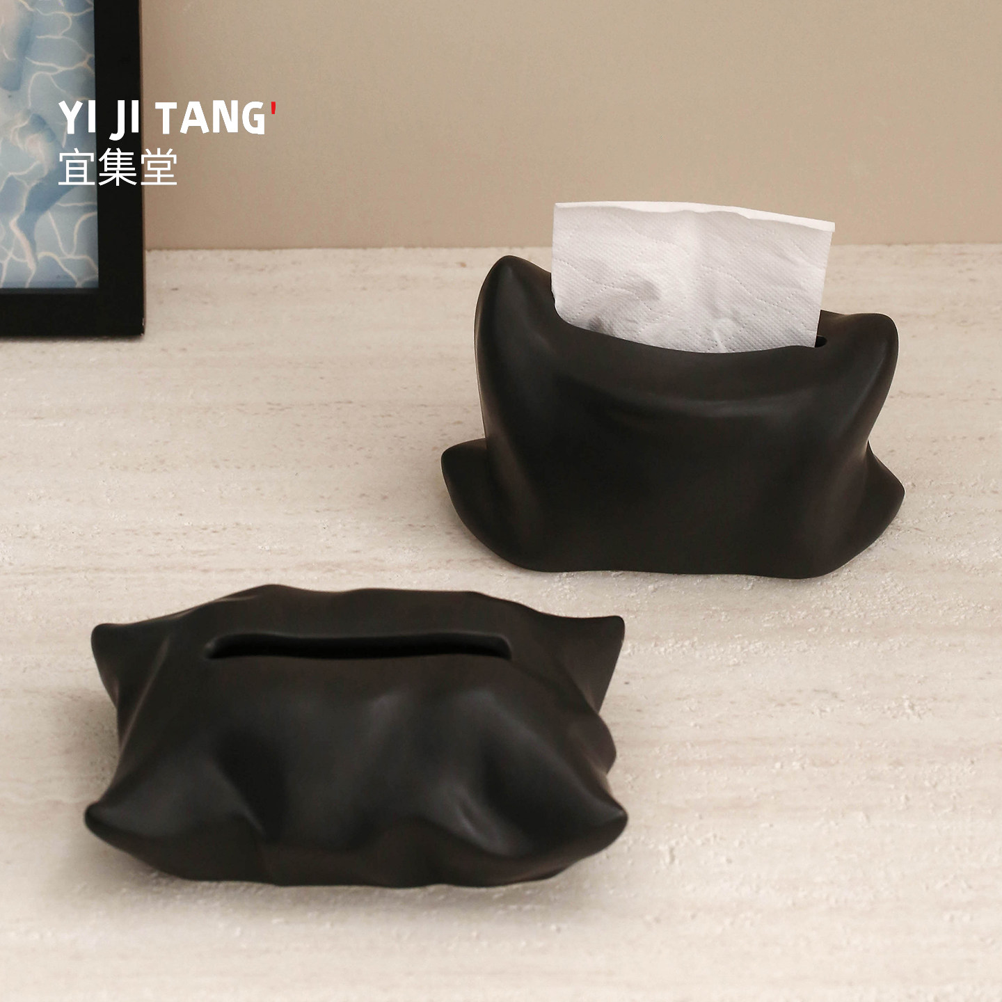 宜集堂枕头轻奢风纸巾盒陶瓷高级感抽纸盒茶桌配件桌面装饰摆件