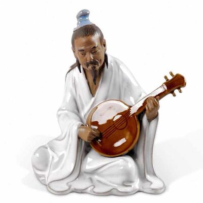 石湾陶瓷公仔抚琴而歌人物盆景摆件文人假山盆景博古架酒柜装饰