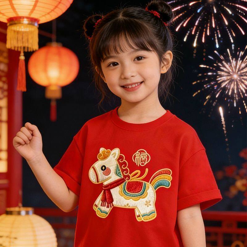 新年马年儿童红色仿刺绣卡通小马短袖亲子装纯棉短袖T恤男童女童
