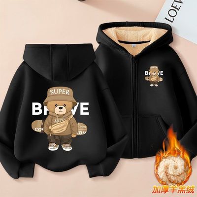 NASA2025新款男童冬季加绒加厚保暖卫衣中大童羊羔绒连帽开衫外套