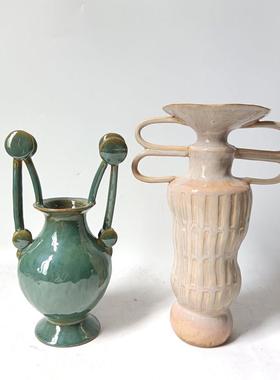 简约侘寂双耳陶瓷花瓶艺术摆件家居样板间民宿餐桌插花器软装饰品