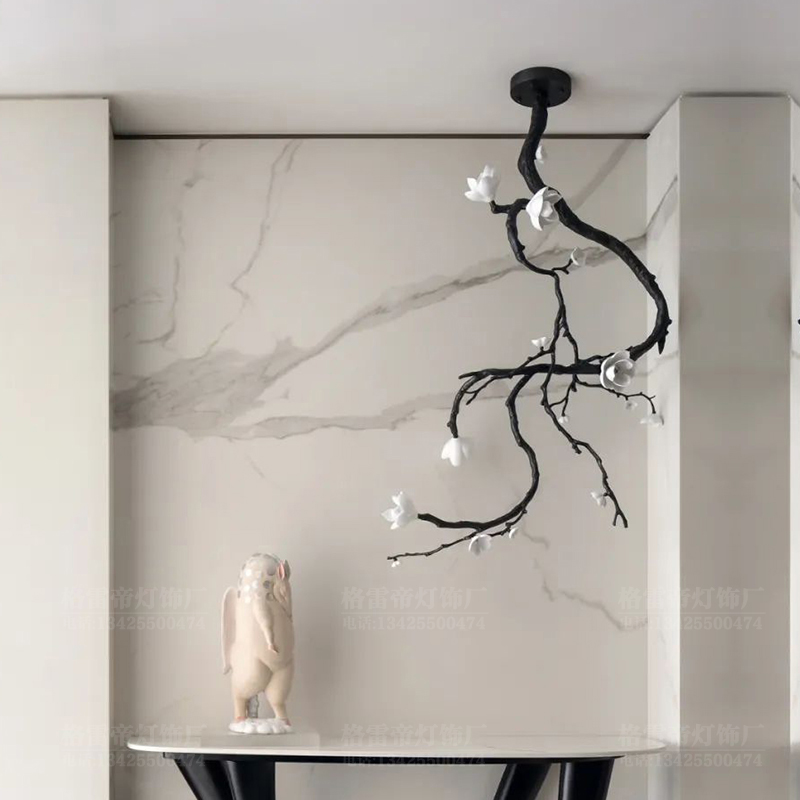 新中式玄关吊灯茶室n书房艺术轻奢陶瓷花别墅客厅餐厅黑色铜树枝