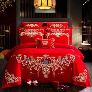 床上用品 全棉婚庆四件套新婚纯棉100床单被套大红色结婚房床笠款