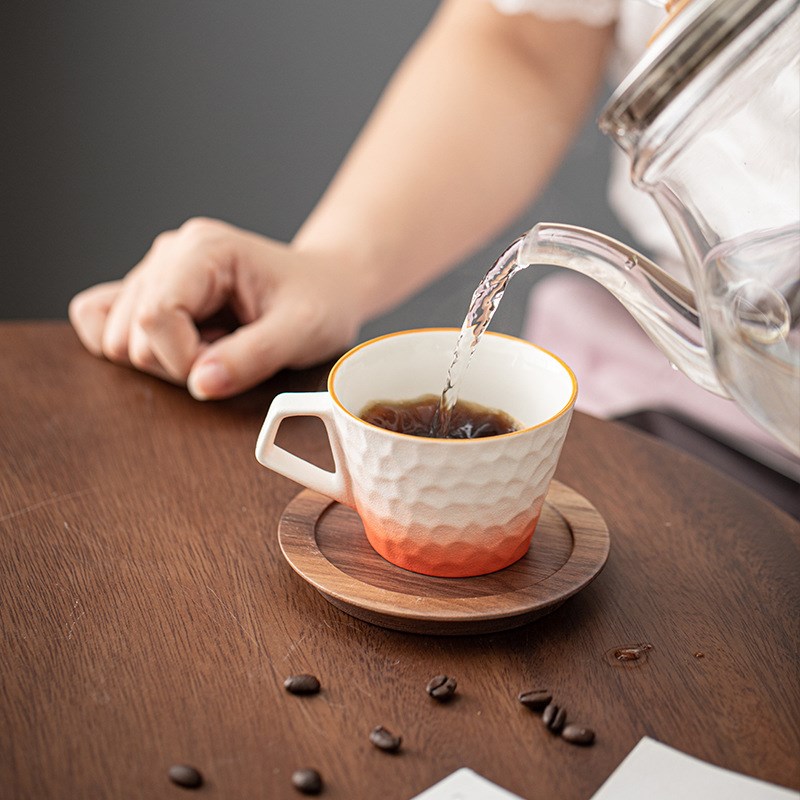 北美胡桃木碟马克k杯粗陶咖啡杯锤纹陶瓷杯子家用情侣水杯牛奶杯