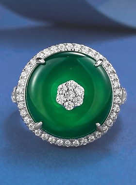 珠宝S925银戒指高碳钻新中式系列K绿玉髓平安扣戒指环时尚女