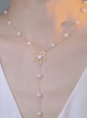 2023新款潮小众设计感仿淡水y珍珠项链女气质优雅花仙子锁骨链吊